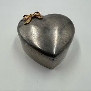 Vintage Heart Jewelry Box Silver Tone Gold Bow Trinket Keepsake Case